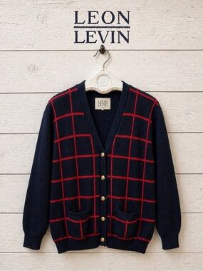 LEON LEVIN Navy Plaid Knit Cardigan – Size XL